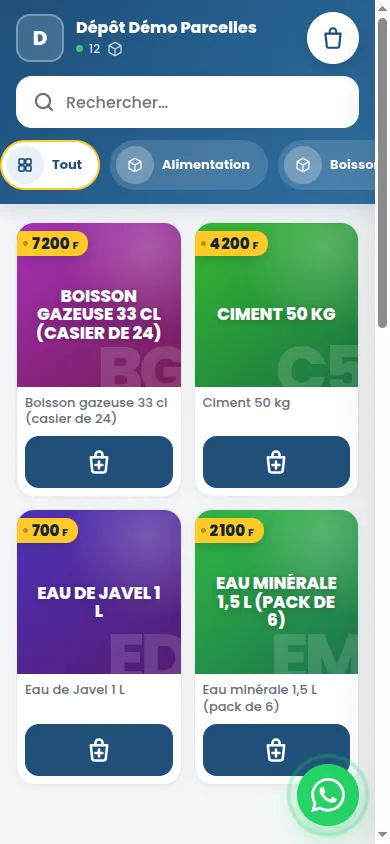 Catalogue en ligne d’une entreprise de démonstration sur téléphone, avec catégories, prix et bouton WhatsApp