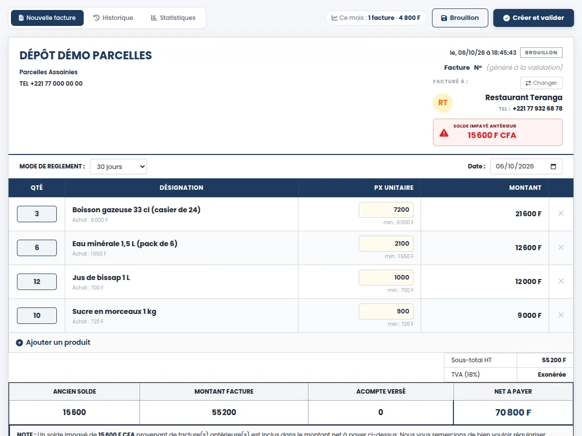 Facturation rapide : client avec son ancien solde impayé, quatre produits et leurs quantités, prix unitaires, montant de la facture et net à payer